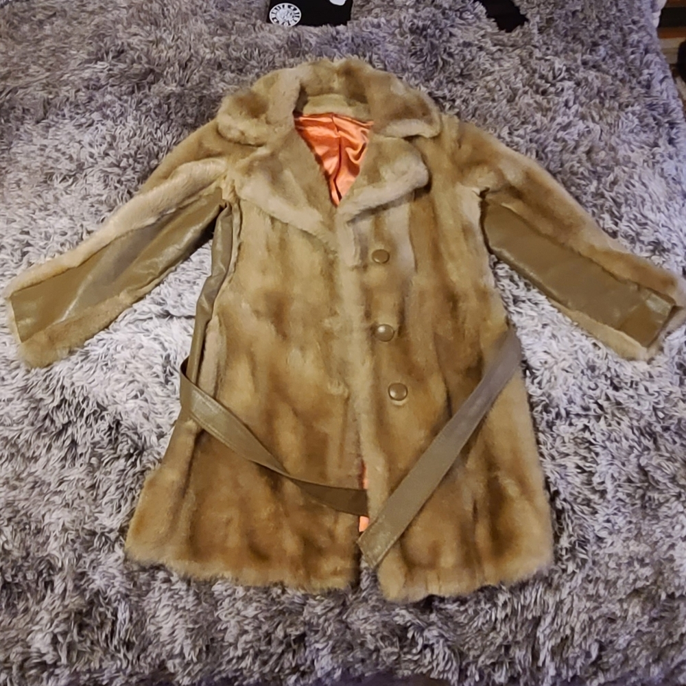 Furiginal - Tan/Faux Fur Belted Knee Length Coat
